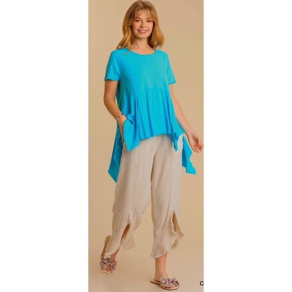 New Umgee S M Turquoise Blue Linen Blend Sharkbite Hem Oversized Tunic Top - Picture 4 of 5